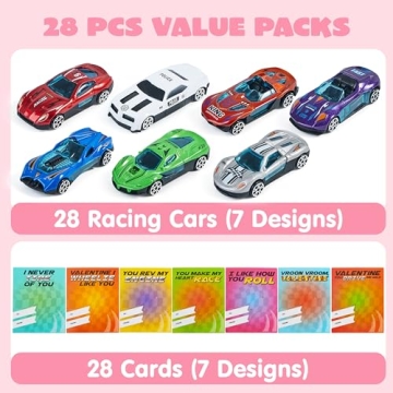 JOYIN 28 Valentine Cards with Die-Cast Cars for Kids