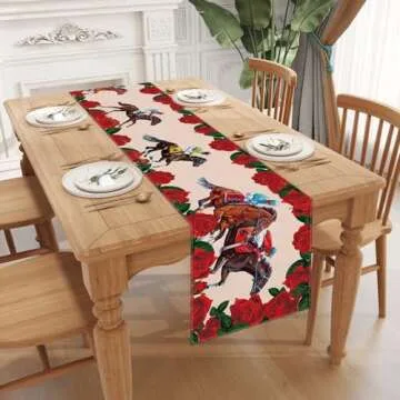 Jiudungs Linen Kentucky Derby Horse Racing Table Runner 72 Inches Horse Race Game Decor Kentucy Derby Party Decoration and Supplies for Home Kitchen Room Table
