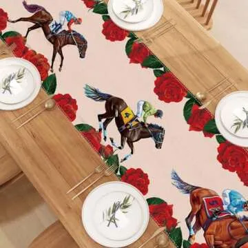 Jiudungs Linen Kentucky Derby Horse Racing Table Runner 72 Inches Horse Race Game Decor Kentucy Derby Party Decoration and Supplies for Home Kitchen Room Table