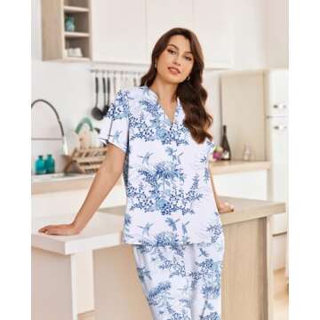 Ekouaer Women Pajamas Set Short Sleeve Button Down Sleepwear Soft Pjs Loungewear Pants Set Blue Tropics Large