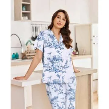 Ekouaer Women Pajamas Set Short Sleeve Button Down Sleepwear Soft Pjs Loungewear Pants Set Blue Tropics Large