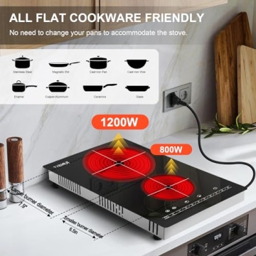 TYEMUI 2 Burner Electric Cooktop 110v Plug in, Portable 2000W Infrared Cooktop Double Burner 12in Ceramic Glass Stove Top Burner, Built In or Countertop for Indoor Outdoor Cooking