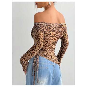 GORGLITTER Stylish Women's Leopard Print Off The Shoulder Crop Top Mesh Long Sleeve Asymmetrical T S...