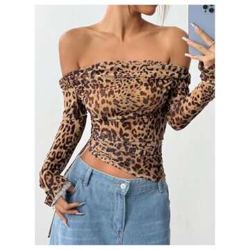 Stylish Leopard Print Off The Shoulder Crop Top for Women