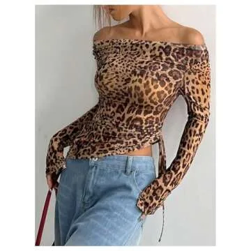 Stylish Leopard Print Off The Shoulder Crop Top for Women