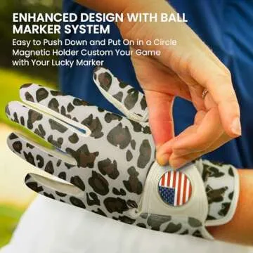 Amy Sport Womens Golf Glove with Ball Marker Rain Left Right Hand Leather Printed Ladies Golf Gloves All Weather Grip Breathable Soft Size S Me L XL (Leopard, Medium-Worn on Left Hand)