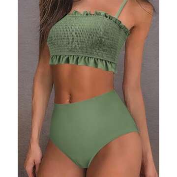 MOOSLOVER Women's Shirred Bandeau Bikini Top High Waisted Bottom 2 Piece Swimsuits Bikini Set
