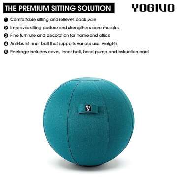 YOGIVO Sitting Ball Chair, Yoga Ball Chair Exercise Ball Chair for Home Office Desk, Stability Ball for Fitness & Pilates, Ergonomic Balance Ball Seat with Cover and Pump