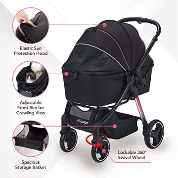 ibiyaya - Retro Luxe - Dog Stroller for Medium Dogs, Large and Small Dogs - One-Step Folding, Heavy Duty Zipperless Design with Adjustable Handle - Black