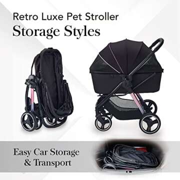 ibiyaya - Retro Luxe - Dog Stroller for Medium Dogs, Large and Small Dogs - One-Step Folding, Heavy Duty Zipperless Design with Adjustable Handle - Black