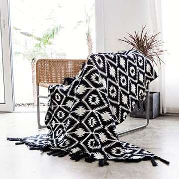 Snugtown 100% Cotton Cable Knit Double Layer Warm Cozy Throw Blanket, Tribal Aztec Pattern Home Decorative Blanket Throw with Tassels for Couch Chairs Bed, Black and White, 50 x 60 Inches