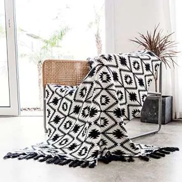 Snugtown 100% Cotton Cable Knit Double Layer Warm Cozy Throw Blanket, Tribal Aztec Pattern Home Decorative Blanket Throw with Tassels for Couch Chairs Bed, Black and White, 50 x 60 Inches