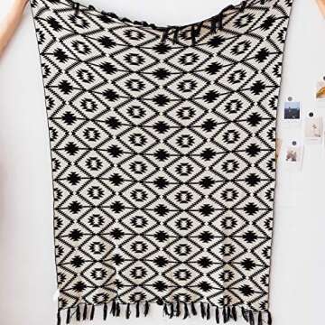 Snugtown 100% Cotton Cable Knit Double Layer Warm Cozy Throw Blanket, Tribal Aztec Pattern Home Decorative Blanket Throw with Tassels for Couch Chairs Bed, Black and White, 50 x 60 Inches