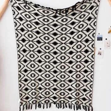 Snugtown 100% Cotton Cable Knit Double Layer Warm Cozy Throw Blanket, Tribal Aztec Pattern Home Decorative Blanket Throw with Tassels for Couch Chairs Bed, Black and White, 50 x 60 Inches