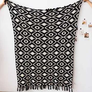 Snugtown 100% Cotton Cable Knit Double Layer Warm Cozy Throw Blanket, Tribal Aztec Pattern Home Decorative Blanket Throw with Tassels for Couch Chairs Bed, Black and White, 50 x 60 Inches