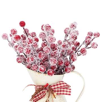 24 Pieces Artificial Holly Berry Stems 9" Christmas Berry Picks Sprays Snowy Fake Red Berries for Ch...