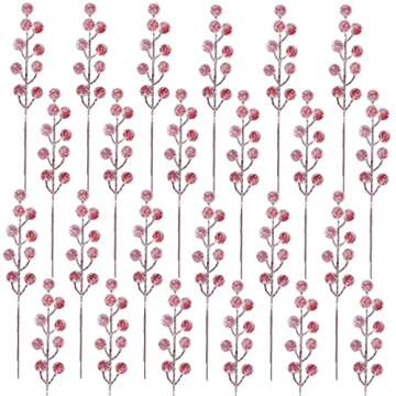 24 Pieces Artificial Holly Berry Stems 9" Christmas Berry Picks Sprays Snowy Fake Red Berries for Christmas Tree Branches Fillers Ornaments Valentine DIY Crafts Wedding Home Party Winter Decor (24)