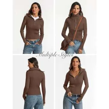 Prettywear 2024 Trendy Fall Women's Zip Up Sweaters V Neck Slim Fit Ribbed Knit Warm Pullover Jumper Tops Taupe L