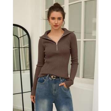 Prettywear 2024 Trendy Fall Women's Zip Up Sweaters V Neck Slim Fit Ribbed Knit Warm Pullover Jumper Tops Taupe L