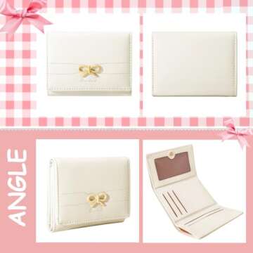 Sunwel Fashion Wallets Girls Cute Coquette Bow Small Wallet Aesthetic Card Holder ID Window Purse for Women (CREAM)