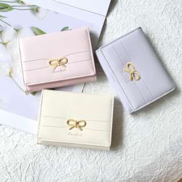 Sunwel Fashion Wallets Girls Cute Coquette Bow Small Wallet Aesthetic Card Holder ID Window Purse for Women (CREAM)