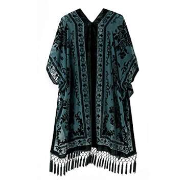 WeHello Women's Burnout Velvet Kimono Long Cardigan Cover Up with Tassel Dark Green