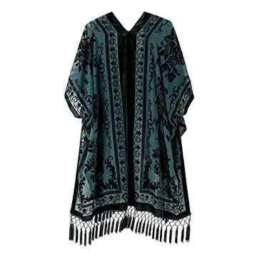 WeHello Women's Burnout Velvet Kimono Long Cardigan Cover Up with Tassel Dark Green