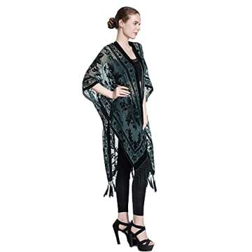 WeHello Women's Burnout Velvet Kimono Long Cardigan Cover Up with Tassel Dark Green