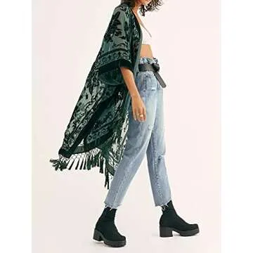 WeHello Women's Burnout Velvet Kimono Long Cardigan Cover Up with Tassel Dark Green