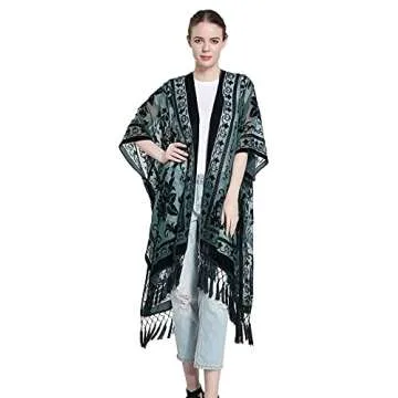 WeHello Women's Burnout Velvet Kimono Long Cardigan Cover Up with Tassel Dark Green