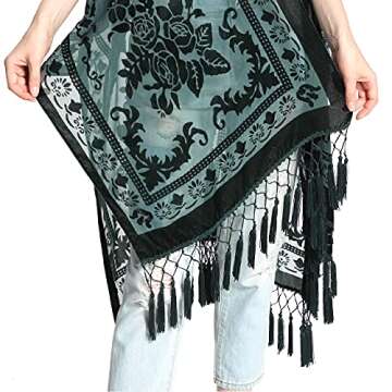 WeHello Women's Burnout Velvet Kimono Long Cardigan Cover Up with Tassel Dark Green
