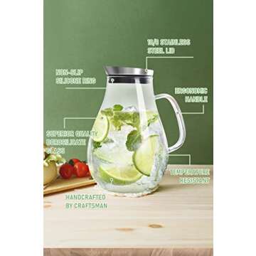 SUSTEAS 2 Liter Glass Pitcher, Water Pitcher with Removable Lid And Wide Handle, Easy Clean Juice Jug for Fridge, Beverage Carafe for Cold/Hot Water, Iced Tea, 1 Long-Handled Brush Included