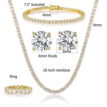Gemsme 18K Yellow Gold Plated Tennis Necklace/Bracelet/Earrings/Band Ring Sets Pack of 4