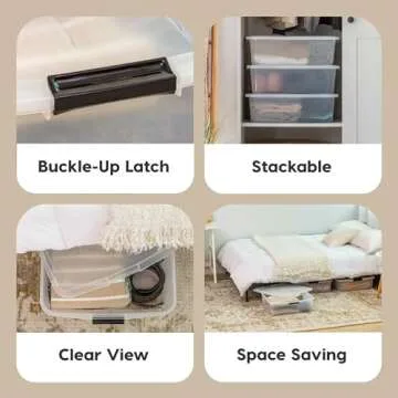 IRIS USA 33 Qt Plastic Under Bed Storage Organizer Bin Container with Secure Lids and Durable Black Buckles, 3-Pack, Multi-Purpose for Clothes Shoes Clothing Bedding, Short, Clear