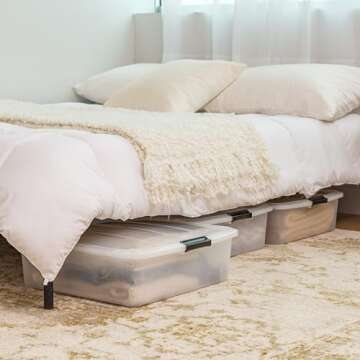 IRIS USA 33 Qt Plastic Under Bed Storage Organizer Bin Container with Secure Lids and Durable Black Buckles, 3-Pack, Multi-Purpose for Clothes Shoes Clothing Bedding, Short, Clear