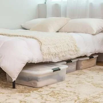 IRIS USA 33 Qt Plastic Under Bed Storage Organizer Bin Container with Secure Lids and Durable Black Buckles, 3-Pack, Multi-Purpose for Clothes Shoes Clothing Bedding, Short, Clear