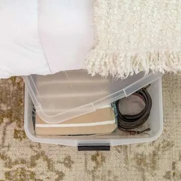 IRIS USA 33 Qt Plastic Under Bed Storage Organizer Bin Container with Secure Lids and Durable Black Buckles, 3-Pack, Multi-Purpose for Clothes Shoes Clothing Bedding, Short, Clear