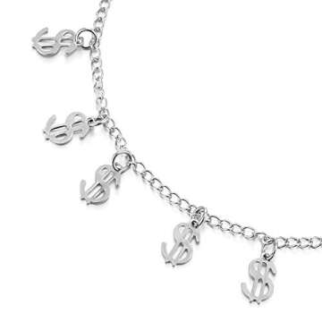 COOLSTEELANDBEYOND Stainless Steel Link Chain Anklet Bracelet with Dangling Charms of US Dollar Money Sign Charms, Cool