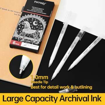 Fhyhej White Gel Pens 1.0mm Fine Point Tip 6 Pack for Drawing & Sketching on Black Paper