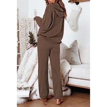 Viottiset Women's 2 Piece Outfits Sweater Set Long Sleeve Hoodies With Pocket Wide Leg Pants Lounge Sets Brown L