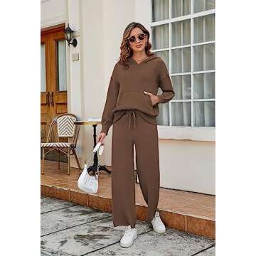 Viottiset Women's 2 Piece Outfits Sweater Set Long Sleeve Hoodies With Pocket Wide Leg Pants Lounge Sets Brown L