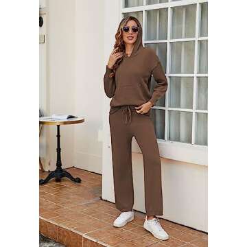 Viottiset Women's 2 Piece Outfits Sweater Set Long Sleeve Hoodies With Pocket Wide Leg Pants Lounge Sets Brown L