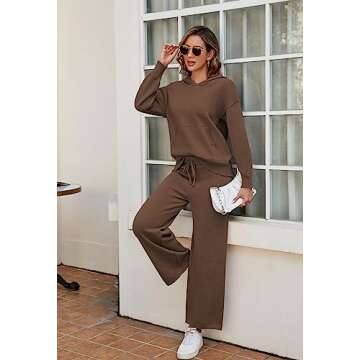 Viottiset Women's 2 Piece Outfits Sweater Set Long Sleeve Hoodies With Pocket Wide Leg Pants Lounge Sets Brown L
