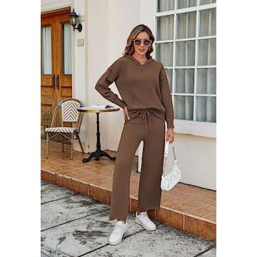 Viottiset Women's 2 Piece Outfits Sweater Set Long Sleeve Hoodies With Pocket Wide Leg Pants Lounge Sets Brown L