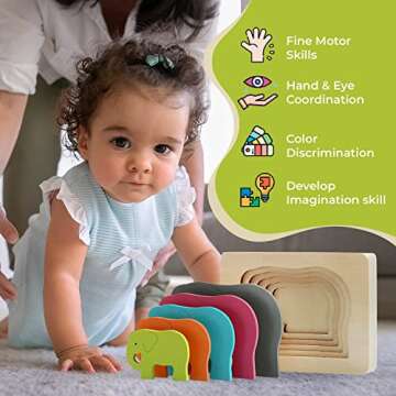 TEKOR Wooden Multi-Layered Animal Puzzles Unique Elephant Wooden Animal Puzzle Montessori Panel Earl...