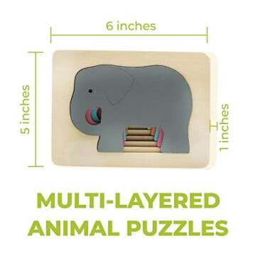 TEKOR Wooden Multi-Layered Animal Puzzles Unique Elephant Wooden Animal Puzzle Montessori Panel Early Educational Toys for Kids Ages 2 and Up | Colorful Wooden Puzzle for Toddlers