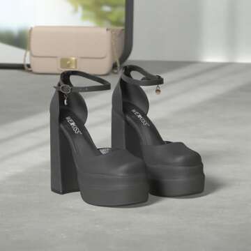 wetkiss Platform Chunky Heels for Women Platform Chunky Satin Heels Ankle Strap Pumps Women's Pumps Ankle Strap High Heel, Black