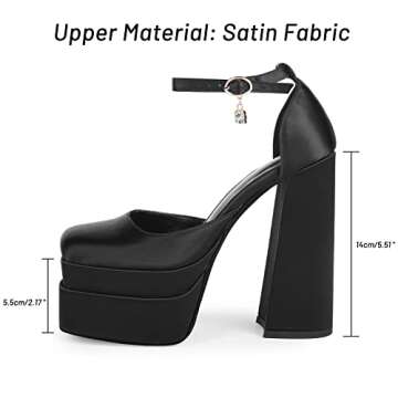 wetkiss Platform Chunky Heels for Women Platform Chunky Satin Heels Ankle Strap Pumps Women's Pumps Ankle Strap High Heel, Black