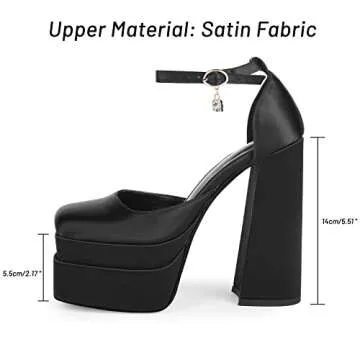 wetkiss Platform Chunky Heels for Women Platform Chunky Satin Heels Ankle Strap Pumps Women's Pumps Ankle Strap High Heel, Black
