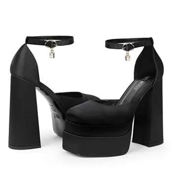 wetkiss Platform Chunky Heels for Women Platform Chunky Satin Heels Ankle Strap Pumps Women's Pumps Ankle Strap High Heel, Black